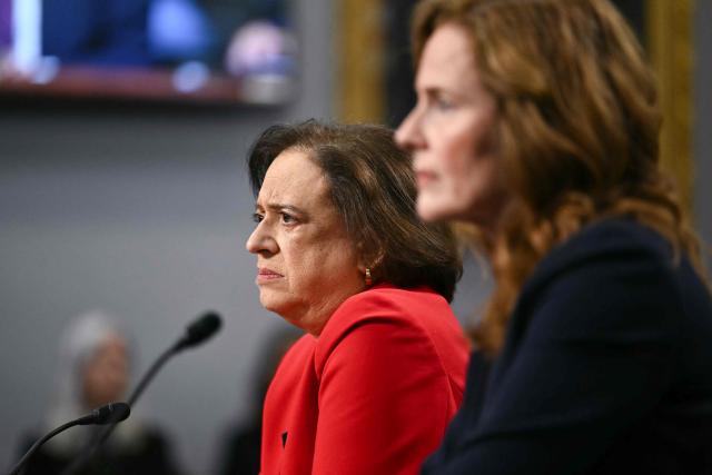 (From L-R) US Supreme Court Justice Elena Kagan and US Supreme Court Justice Amy Coney Barrett testify during a House Appropriations Subcommittee on Financial Services hearing on Capitol Hill in Washington, DC, on July 14, 2026. Two US Supreme Court justices made a rare appearance before Congress on Tuesday, seeking funding to protect judges and their families after a divisive term that deepened tensions between the court and President Donald Trump. (Photo by Kent NISHIMURA / AFP)