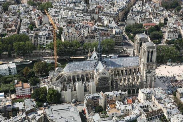 This aerial photograph taken on July 14, 2026, shows Notre-Dame de Paris Cathedral. (Photo by Thomas SAMSON / AFP)