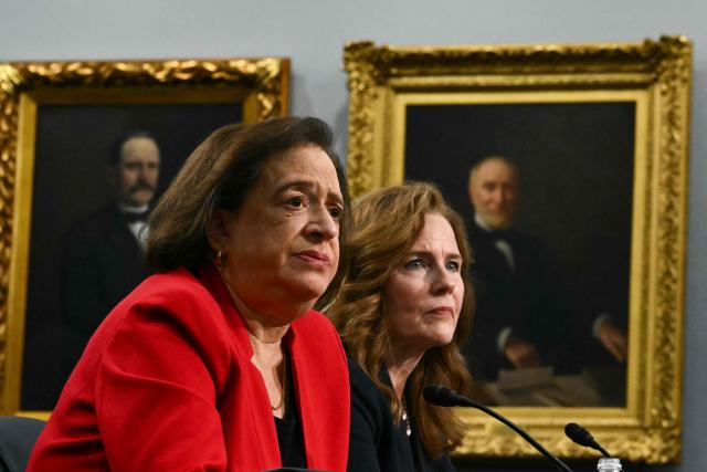 (From L-R) US Supreme Court Justice Elena Kagan and US Supreme Court Justice Amy Coney Barrett testify during a House Appropriations Subcommittee on Financial Services hearing on Capitol Hill in Washington, DC, on July 14, 2026. Two US Supreme Court justices made a rare appearance before Congress on Tuesday, seeking funding to protect judges and their families after a divisive term that deepened tensions between the court and President Donald Trump. (Photo by Kent NISHIMURA / AFP)