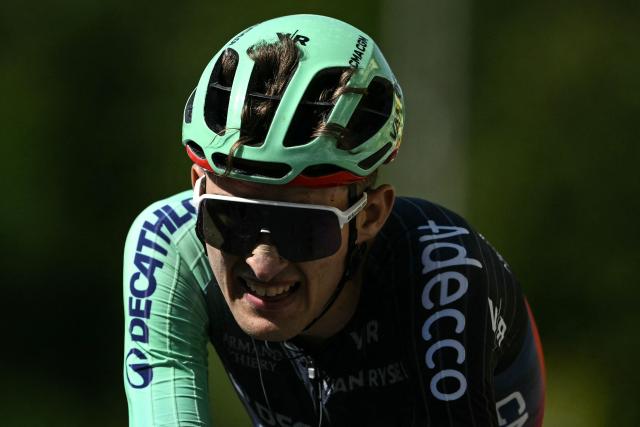 Decathlon CMA CGM Team's French rider Paul Seixas cycles to the finish line to take third place in the 10th stage of the 113th edition of the Tour de France cycling race, 166,6 km between Aurillac and Le Lioran in the Massif Central, on July 14, 2026. (Photo by Jeff PACHOUD / AFP)