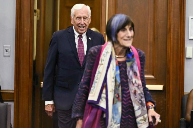 (From L-R) US Representative Steny Hoyer, Democrat from Maryland and US Representative Rosa DeLauro, Democrat of Connecticut arrive during a House Appropriations Subcommittee on Financial Services hearing with US Supreme Court Justice Elena Kagan and US Supreme Court Justice Amy Coney Barrett on Capitol Hill in Washington, DC, on July 14, 2026. Two US Supreme Court justices made a rare appearance before Congress on Tuesday, seeking funding to protect judges and their families after a divisive term that deepened tensions between the court and President Donald Trump. (Photo by Kent NISHIMURA / AFP)