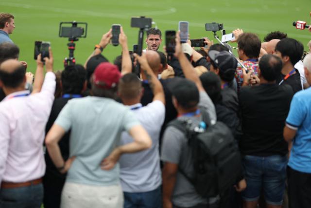 Argentina's midfielder #07 Rodrigo De Paul attends the media ahead of a training session on the eve of the 2026 World Cup football tournament semi-final match between England and Argentina, at Atlanta United Training Centre in Atlanta on July 14, 2026.  (Photo by PATRICIA DE MELO MOREIRA / AFP)