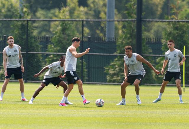 Polish forward #09 Robert Lewandowski trains at Endeavor Health Performance Center with his new club Chicago Fire FC ahead of his MLS debut in Chicago, Illinois, on July 14 2026. Poland's all-time leading goal scorer Robert Lewandowski has signed a contract through the 2027-28 campaign with the Chicago Fire, the Major League Soccer club announced in late June 2026. The 37-year-old striker arrives from Barcelona after helping the Spanish giants capture the La Liga crown last month having starred from 2014-2022 with Bayern Munich. (Photo by KAMIL KRZACZYNSKI / AFP)