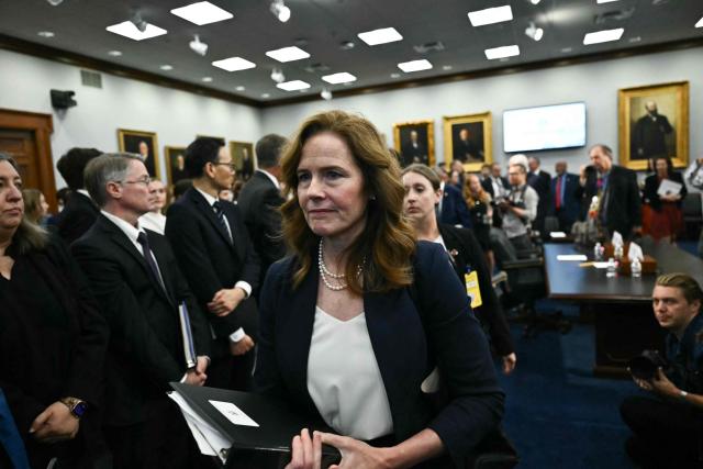 US Supreme Court Justice Amy Coney Barrett arrives to testify during a House Appropriations Subcommittee on Financial Services hearing on Capitol Hill in Washington, DC, on July 14, 2026. (Photo by Kent NISHIMURA / AFP)