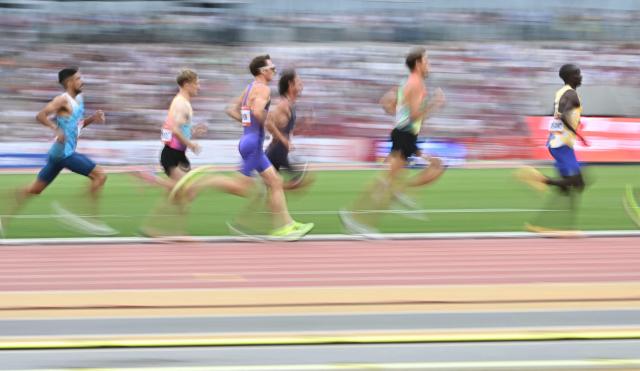Athletes compete during the men's 3000m competition of the Gyulai Istvan Memorial Athletics Grand Prix in Budapest, Hungary on July 14, 2026. (Photo by Attila KISBENEDEK / AFP)