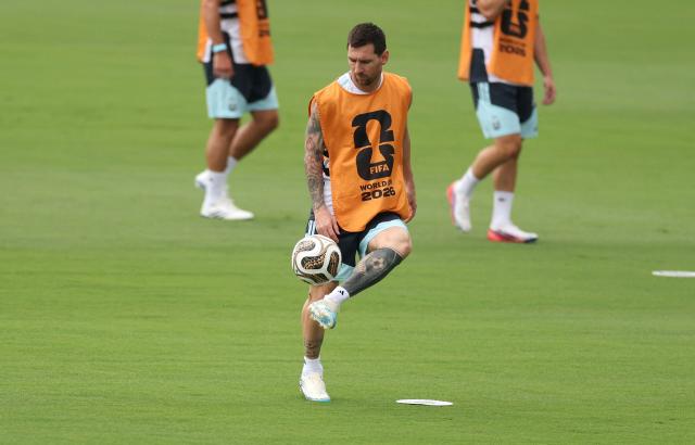 Argentina's forward #10 Lionel Messi controls the ball during a training session on the eve of the 2026 World Cup football tournament semi-final match between England and Argentina, at Atlanta United Training Centre in Atlanta on July 14, 2026.  (Photo by PATRICIA DE MELO MOREIRA / AFP)