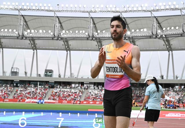 Greece's Miltiadis Tentoglou reacts after competing during the men's long jump competition of the Gyulai Istvan Memorial Athletics Grand Prix in Budapest, Hungary on July 14, 2026. (Photo by Attila KISBENEDEK / AFP)