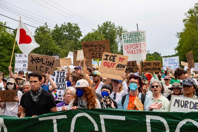 Demonstrators hold a protest outside of the Immigration and Customs Enforcement (ICE) field office in Scarborough, Maine, on July 14, 2026. A US immigration officer on July 13, fatally shot a man identified by rights groups as a 26-year-old Colombian, an incident likely to fuel criticism of President Donald Trump's deportation drive. The shooting happened in Biddeford, a town of 22,000 people in the northern state of Maine, and comes a week after an Immigration and Customs Enforcement (ICE) agent shot dead a Mexican man in Texas. (Photo by JOSEPH PREZIOSO / AFP)