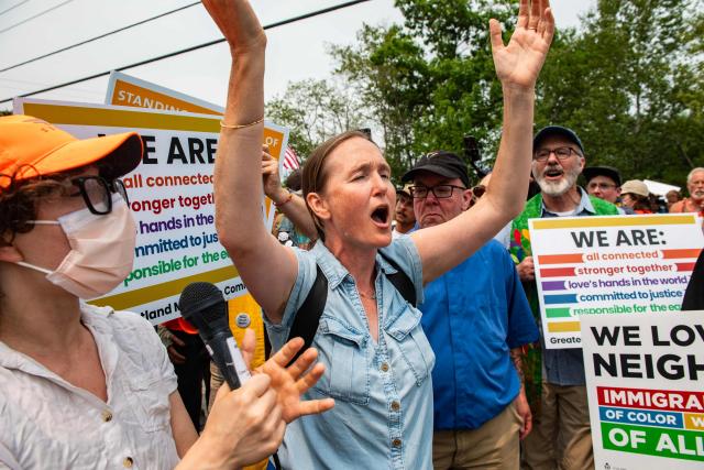 Demonstrators hold a protest outside of the Immigration and Customs Enforcement (ICE) field office in Scarborough, Maine, on July 14, 2026. A US immigration officer on July 13, fatally shot a man identified by rights groups as a 26-year-old Colombian, an incident likely to fuel criticism of President Donald Trump's deportation drive. The shooting happened in Biddeford, a town of 22,000 people in the northern state of Maine, and comes a week after an Immigration and Customs Enforcement (ICE) agent shot dead a Mexican man in Texas. (Photo by JOSEPH PREZIOSO / AFP)