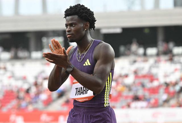 US' Ja`Kobe Tharp celebrates after the men's 100m hurdles competition of the Gyulai Istvan Memorial Athletics Grand Prix in Budapest, Hungary on July 14, 2026. (Photo by Attila KISBENEDEK / AFP)