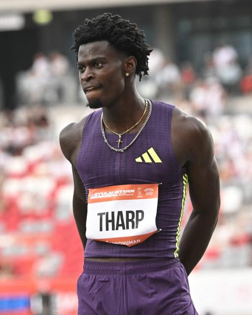 US' Ja`Kobe Tharp reacts after the men's 100m hurdles competition of the Gyulai Istvan Memorial Athletics Grand Prix in Budapest, Hungary on July 14, 2026. (Photo by Attila KISBENEDEK / AFP)