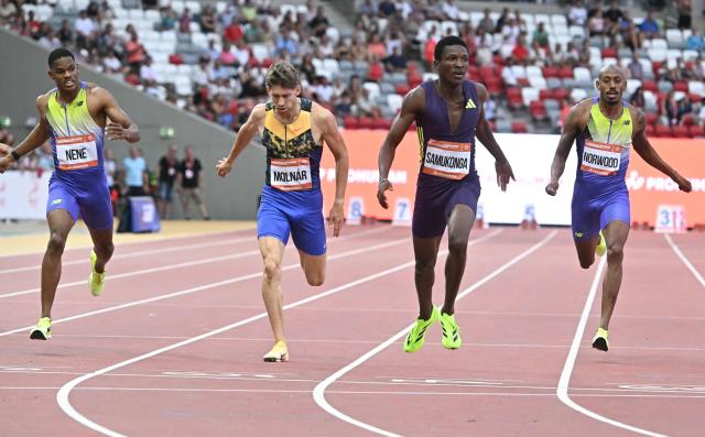 (L-R) South Africa's Zakihiti Nene, Hungary's Attila Molnar, Zambia's Muzala Samukonga and US' Vernon Norwood compete during the men's 400m competition of the Gyulai Istvan Memorial Athletics Grand Prix in Budapest, Hungary on July 14, 2026. (Photo by Attila KISBENEDEK / AFP)