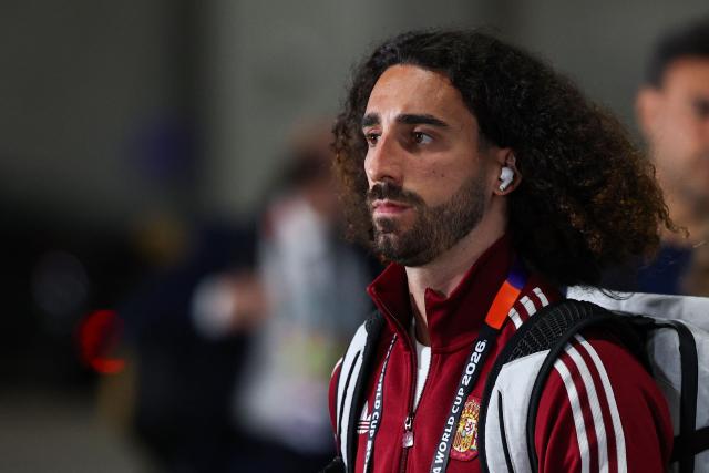 Spain's defender #24 Marc Cucurella arrives for the 2026 World Cup football tournament semi-final match between France and Spain at the Dallas Stadium in Arlington on July 14, 2026.  (Photo by FRANCK FIFE / AFP)