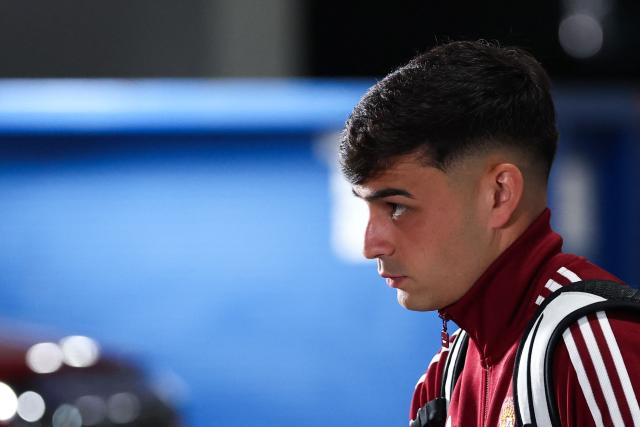 Spain's midfielder #20 Pedri arrives for the 2026 World Cup football tournament semi-final match between France and Spain at the Dallas Stadium in Arlington on July 14, 2026.  (Photo by FRANCK FIFE / AFP)