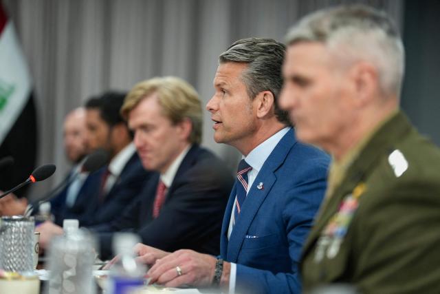 US Defense Secretary Pete Hegseth (2r) speaks during a meeting with Iraqi Prime Minister Ali al-Zaidi (not pictured) at the Pentagon in Washington, DC, on July 14, 2026. (Photo by Alexander Drago / POOL / AFP)