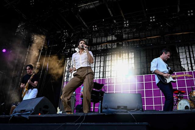 French rock band Feu! Chatterton performs on stage during the 42nd Francofolies music festival, in La Rochelle, western France, on July 14, 2026. Created in 1985, the festival is dedicated to French-language and francophone music and runs until July 14, 2026. (Photo by Philippe LOPEZ / AFP)