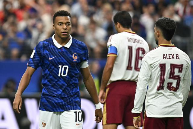 France's forward #10 Kylian Mbappe reacts during the 2026 World Cup football tournament semi-final match between France and Spain at the Dallas Stadium in Arlington on July 14, 2026.  (Photo by Paul ELLIS / AFP)