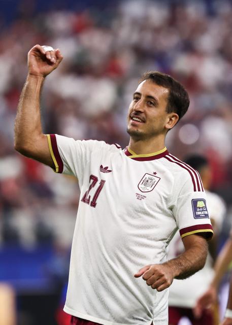 Spain's forward #21 Mikel Oyarzabal celebrates scoring his team's first goal during the 2026 World Cup football tournament semi-final match between France and Spain at the Dallas Stadium in Arlington on July 14, 2026.  (Photo by FRANCK FIFE / AFP)