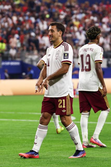 Spain's forward #21 Mikel Oyarzabal celebrates scoring his team's first goal during the 2026 World Cup football tournament semi-final match between France and Spain at the Dallas Stadium in Arlington on July 14, 2026.  (Photo by FRANCK FIFE / AFP)