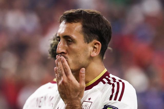 Spain's forward #21 Mikel Oyarzabal celebrates scoring his team's first goal during the 2026 World Cup football tournament semi-final match between France and Spain at the Dallas Stadium in Arlington on July 14, 2026.  (Photo by FRANCK FIFE / AFP)