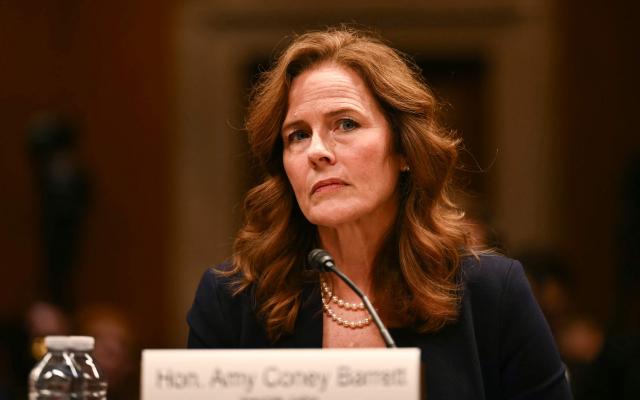 US Supreme Court Justice Amy Coney Barrett testifies during a Senate Appropriations Subcommittee on Financial Services hearing on Capitol Hill in Washington, DC, on July 14, 2026. (Photo by Kent NISHIMURA / AFP)