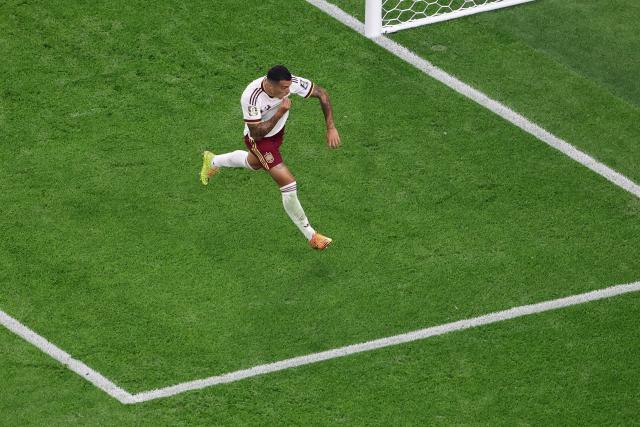 Spain's defender #12 Pedro Porro celebrates after scoring Spain's second goal during the 2026 World Cup football tournament semi-final match between France and Spain at the Dallas Stadium in Arlington on July 14, 2026.  (Photo by Aric Becker / AFP)