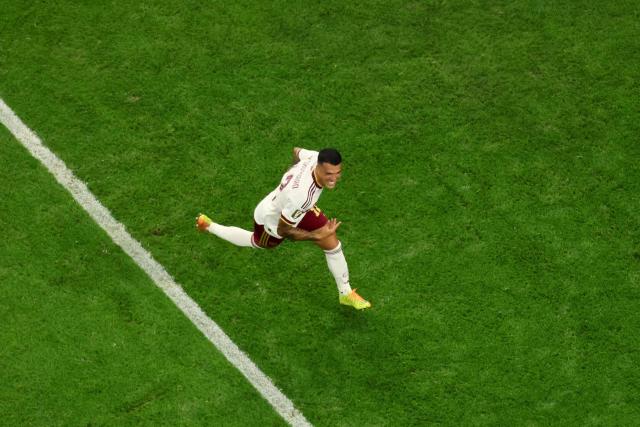 Spain's defender #12 Pedro Porro celebrates scoring his team's second goal during the 2026 World Cup football tournament semi-final match between France and Spain at the Dallas Stadium in Arlington on July 14, 2026.  (Photo by Odd ANDERSEN / AFP)