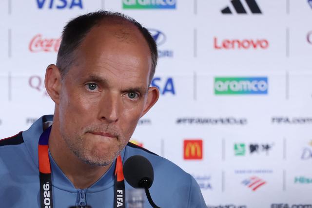 England's German head coach Thomas Tuchel gives an MD-1 press conference at the Atlanta Stadium in Atlanta on July 14, 2026, on the eve of the 2026 World Cup football tournament semi-final match between England and Argentina. (Photo by Thomas COEX / AFP)