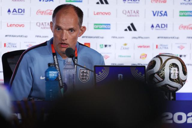 England's German head coach Thomas Tuchel gives an MD-1 press conference at the Atlanta Stadium in Atlanta on July 14, 2026, on the eve of the 2026 World Cup football tournament semi-final match between England and Argentina. (Photo by Thomas COEX / AFP)
