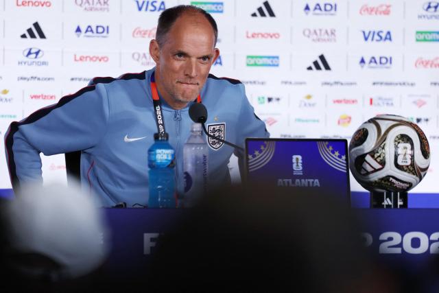England's German head coach Thomas Tuchel gives an MD-1 press conference at the Atlanta Stadium in Atlanta on July 14, 2026, on the eve of the 2026 World Cup football tournament semi-final match between England and Argentina. (Photo by Thomas COEX / AFP)