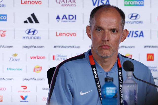 England's German head coach Thomas Tuchel gives an MD-1 press conference at the Atlanta Stadium in Atlanta on July 14, 2026, on the eve of the 2026 World Cup football tournament semi-final match between England and Argentina. (Photo by Thomas COEX / AFP)