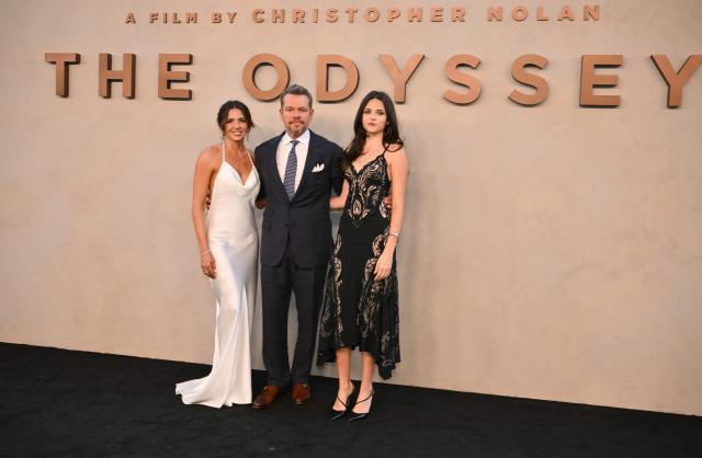 US actor Matt Damon with his wife Luciana Barroso (L) and their daughter Isabella Damon attend "The Odyssey" premiere at the AMC Lincoln Square in New York on July 14, 2026. (Photo by ANGELA WEISS / AFP)