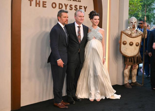 US actor Matt Damon (L), British-US director Christopher Nolan (C) and US actress Anne Hathaway (R) attend "The Odyssey" premiere at the AMC Lincoln Square in New York on July 14, 2026. (Photo by ANGELA WEISS / AFP)