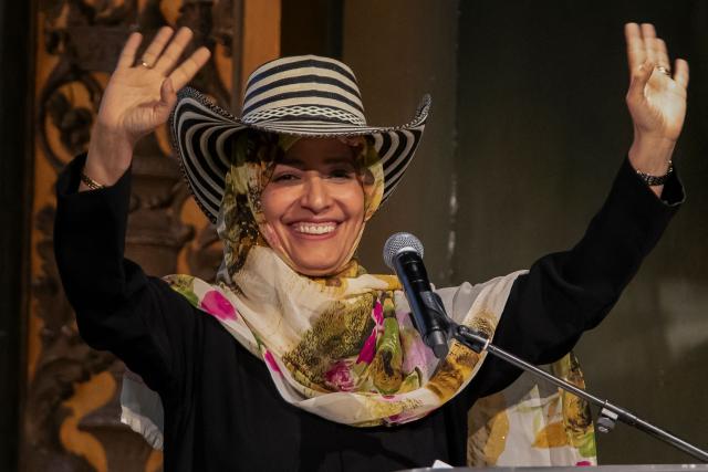 Yemen's journalista and human rights activist and 2011 Nobel Peace Prize laureate Tawakkol Karman gestures during the International Congress ‘10 Years of the Peace Agreement: Between Signature and Reality’ in Bogota on July 14, 2026. (Photo by ESTEBAN VEGA LA-ROTTA / AFP)