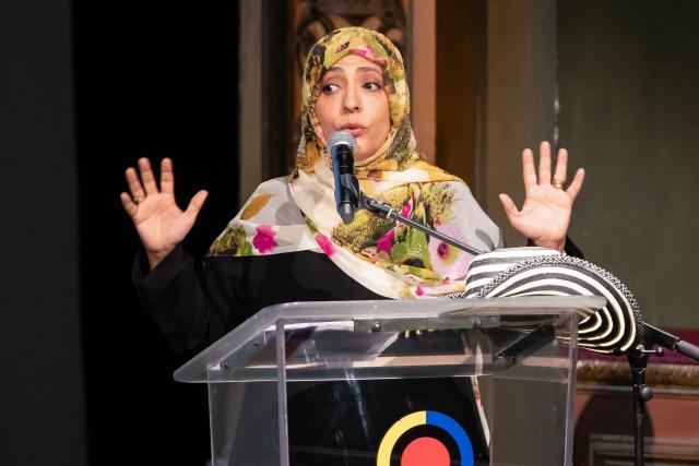Yemen's journalista and human rights activist and 2011 Nobel Peace Prize laureate Tawakkol Karman gestures while speaking during the International Congress ‘10 Years of the Peace Agreement: Between Signature and Reality’ in Bogota on July 14, 2026. (Photo by ESTEBAN VEGA LA-ROTTA / AFP)