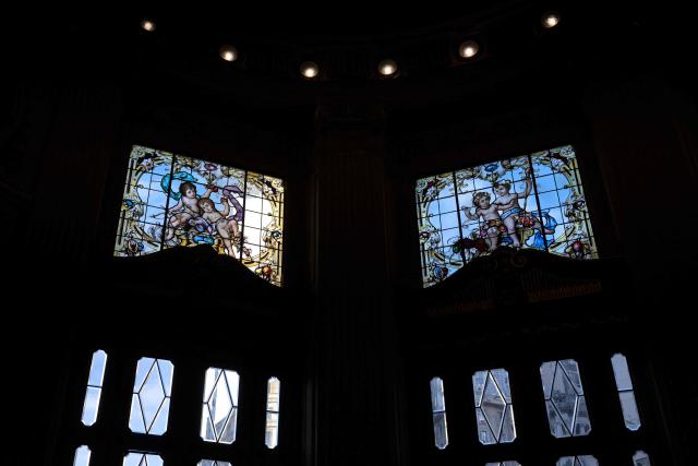 This image shows stained glass windows at the Theatro Municipal do Rio de Janeiro (Rio de Janeiro's Municipal Theater) during celebrations marking its 117th anniversary with a series of events open to the public, on July 14, 2026, in Rio de Janeiro, Brazil. (Photo by Pablo PORCIUNCULA / AFP)