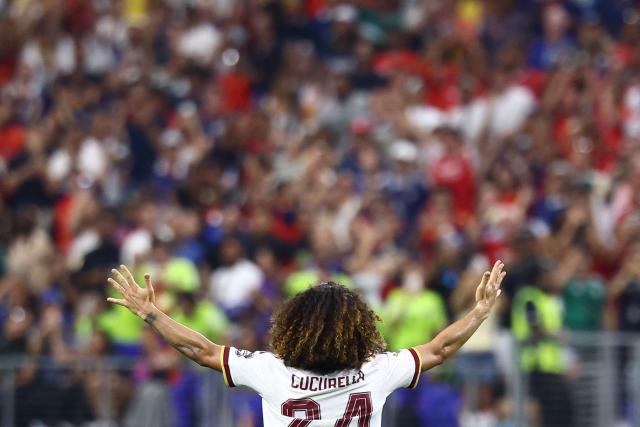 TOPSHOT - Spain's defender #24 Marc Cucurella celebrates after winning the 2026 World Cup football tournament semi-final match between France and Spain at the Dallas Stadium in Arlington on July 14, 2026.  (Photo by CHARLY TRIBALLEAU / AFP)