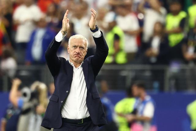 TOPSHOT - France's head coach Didier Deschamps reacts after losing the 2026 World Cup football tournament semi-final match between France and Spain at the Dallas Stadium in Arlington on July 14, 2026.  (Photo by CHARLY TRIBALLEAU / AFP)
