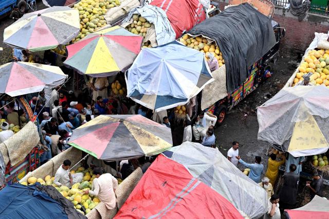 Traders wait for customers at a wholesale fruit market in Lahore on July 15, 2026 (Photo by Arif ALI / AFP)