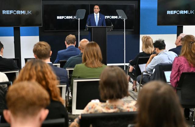 Reform UK's Head of Policy Zia Yusuf speaks during a party press conference in central London on July 15, 2026. (Photo by JUSTIN TALLIS / AFP)