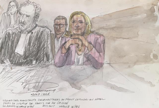 (FILES) This court sketch made on July 7, 2026 shows President of the parliamentary group of the French far-right Rassemblement National (RN) party Marine Le Pen (R) sitting with her lawyers (L and 2L) and Mayor of Perpignan and RN Vice President Louis Aliot (C) during the appeal trial on charges of embezzlement of European public funds in a case of alleged European Parliament fake jobs at Paris' Court of Appeal. The Office of the Prosecutor General at the Paris Court of Appeal announced on July 15, 2026 that it had decided not to file an appeal with the Court of Cassation in the case involving the French far-right party, then Front National (FN), now Rassemblement National (RN), parliamentary assistants to Members of the European Parliament, "following a thorough review of the judgment handed down on July 7." Marine Le Pen, for her part, said last week that she would appeal to the Court of Cassation. Her appeal therefore suspends the enforcement of her one-year prison sentence, which was to be served under home detention with electronic monitoring (an ankle bracelet), pending the court's ruling. (Photo by Benoit PEYRUCQ / AFP)