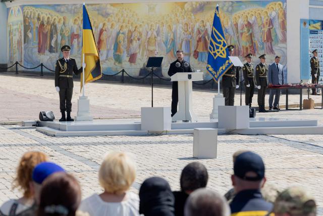 Ukraine's President Volodymyr Zelensky (C) delivers a speech to mark the Day of Ukrainian Statehood in Kyiv on July 15, 2026, amid the Russian invasion of Ukraine. (Photo by Tetiana DZHAFAROVA / AFP)
