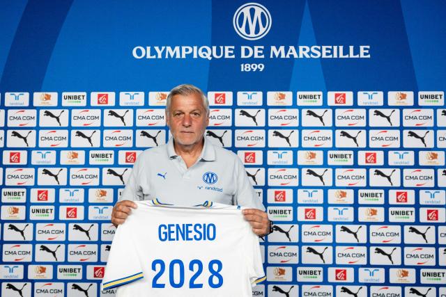 Marseille's new French head coach Bruno Genesio poses for pictures during a press conference at the Olympique de Marseille (OM) Robert-Louis-Dreyfus training centre in Marseille, southern France on July 15, 2026 (Photo by CLEMENT MAHOUDEAU / AFP)