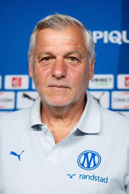 Marseille's new French head coach Bruno Genesio poses for pictures during a press conference at the Olympique de Marseille (OM) Robert-Louis-Dreyfus training centre in Marseille, southern France on July 15, 2026 (Photo by CLEMENT MAHOUDEAU / AFP)