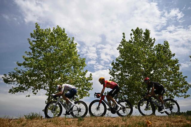 (From L) TotalEnergies team's French rider Mathis Le Berre, Uno-X Mobility team's Danish rider Anthon Charmig and Tudor Pro Cycling Team's French rider Julian Alaphilippe cycle in a breakaway during the 11th stage of the 113th edition of the Tour de France cycling race, 161,3 km between Vichy and Nevers in central France, on July 15, 2026. (Photo by Loic VENANCE / AFP)