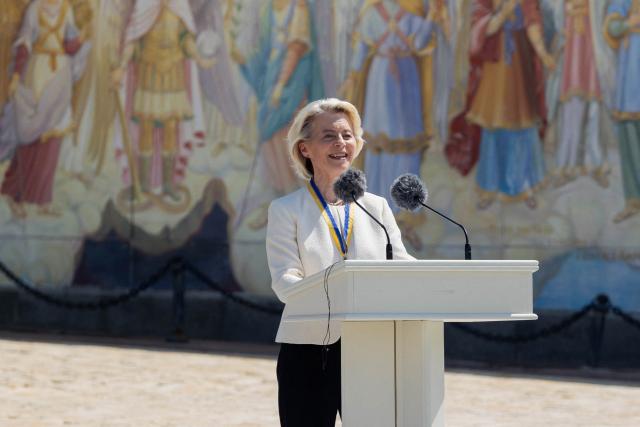 European Commission President Ursula von der Leyen delivers a speech during a ceremony to mark the Day of Ukrainian Statehood, in Kyiv on July 15, 2026, amid the Russian invasion of Ukraine. EU chief Ursula von der Leyen on July 15 announced a "drone deal" with Ukraine to boost joint production of the key battlefield technology. "This deal will bring together Ukrainian ingenuity and Europe's industrial scale," von der Leyen said in Kyiv, after receiving an award from President Volodymyr Zelensky (Photo by Tetiana DZHAFAROVA / AFP)
