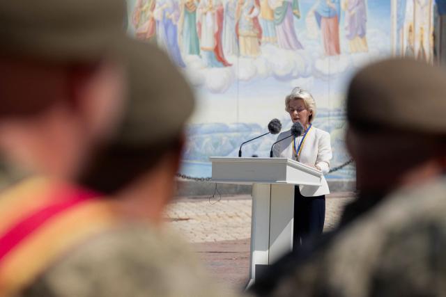 European Commission President Ursula von der Leyen delivers a speech during a ceremony to mark the Day of Ukrainian Statehood, in Kyiv on July 15, 2026, amid the Russian invasion of Ukraine. EU chief Ursula von der Leyen on July 15 announced a "drone deal" with Ukraine to boost joint production of the key battlefield technology. "This deal will bring together Ukrainian ingenuity and Europe's industrial scale," von der Leyen said in Kyiv, after receiving an award from President Volodymyr Zelensky (Photo by Tetiana DZHAFAROVA / AFP)