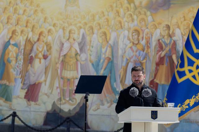 Ukraine's President Volodymyr Zelensky delivers a speech during a ceremony to mark the Day of Ukrainian Statehood, in Kyiv on July 15, 2026, amid the Russian invasion of Ukraine. (Photo by Tetiana DZHAFAROVA / AFP)