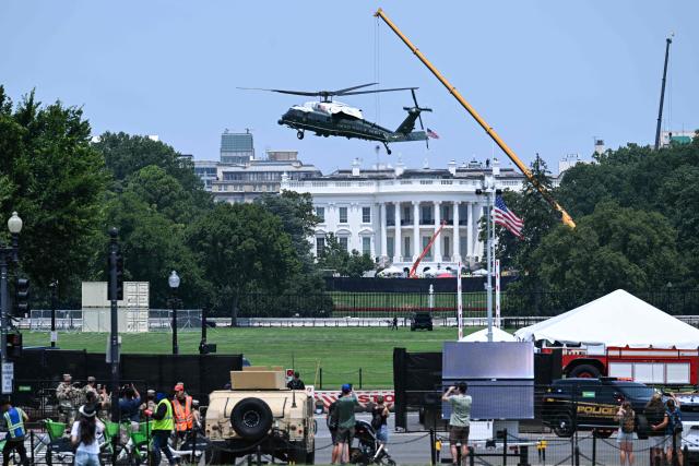 Marine One comes in for landing as US President Donald Trump prepares to depart from the Ellipse near the White House in Washington, DC, on July 15, 2026. President Trump is travelling to Carlisle, Pennsylania to attend the Pennsylvania Defense and Innovation Summit (Photo by Alex WROBLEWSKI / AFP)