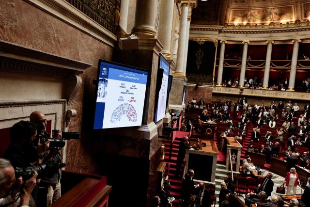 A screen displayed the result of the voting session on the assisted dying law after the vote at the National Assembly, France's lower house of parliament in Paris on July 15, 2026. France's parliament adopts assisted dying law on July 15, 2026. (Photo by STEPHANE DE SAKUTIN / AFP)